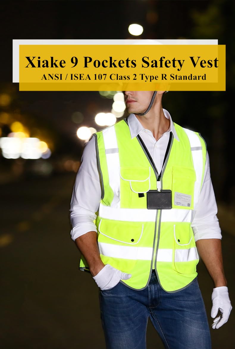 XIAKE 9 Pockets Class 2 High Visibility Reflective Safety Vest for Men Women,Meets ANSI/ISEA Standard(Yellow,XX-Large) - Image 3